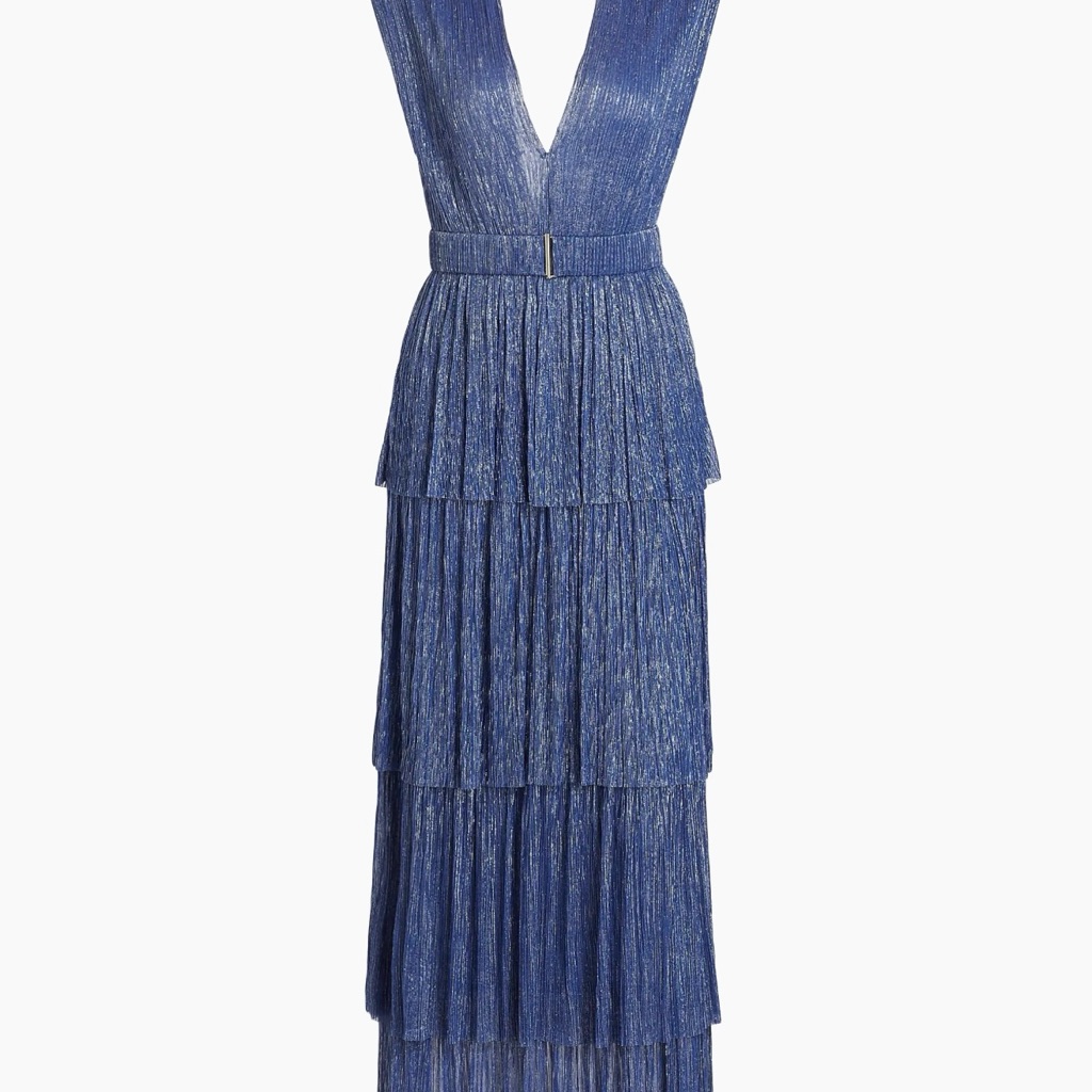 Sabina Musayev Skylar Tiered Belted Metallic Gown